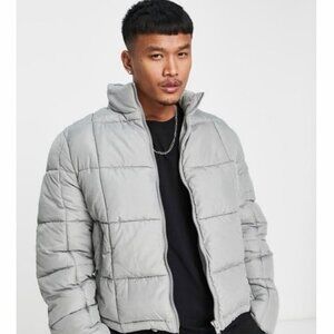 ASOS DESIGN Gray Puffer Jacket Mens Size 2XL Full Zip Quilted Winter Coat